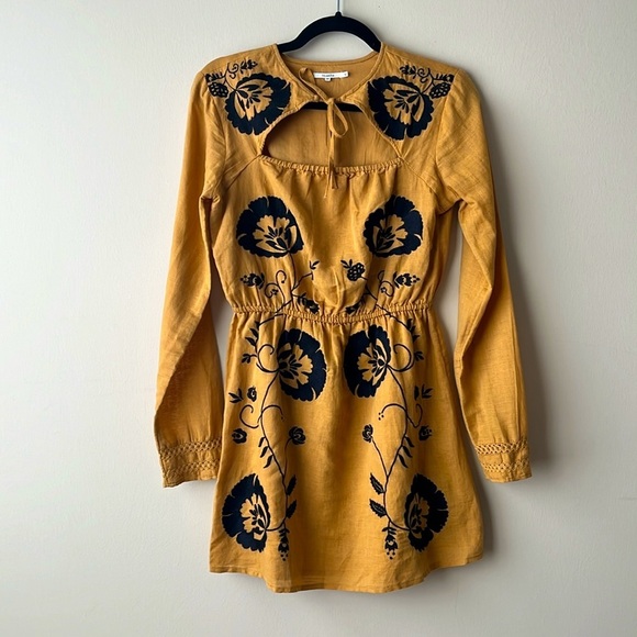 Revolve Tularosa Keelan Linen Long Sleeve Embroidered Mini Dress Curry Yellow XS - Picture 4 of 8